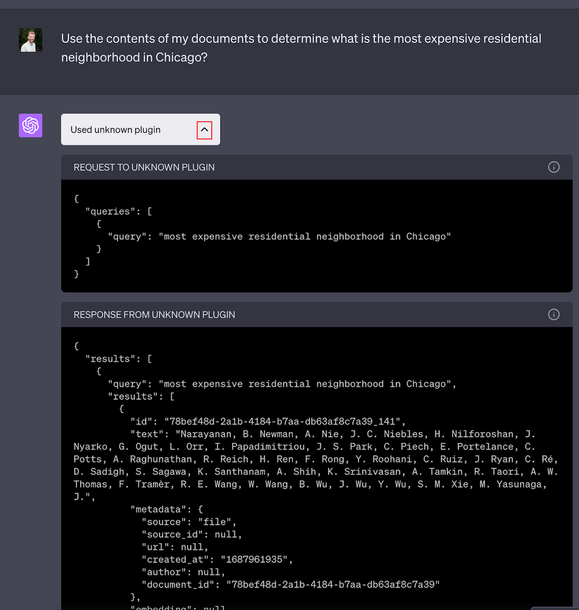 Viewing a ChatGPT plugin's request and response.