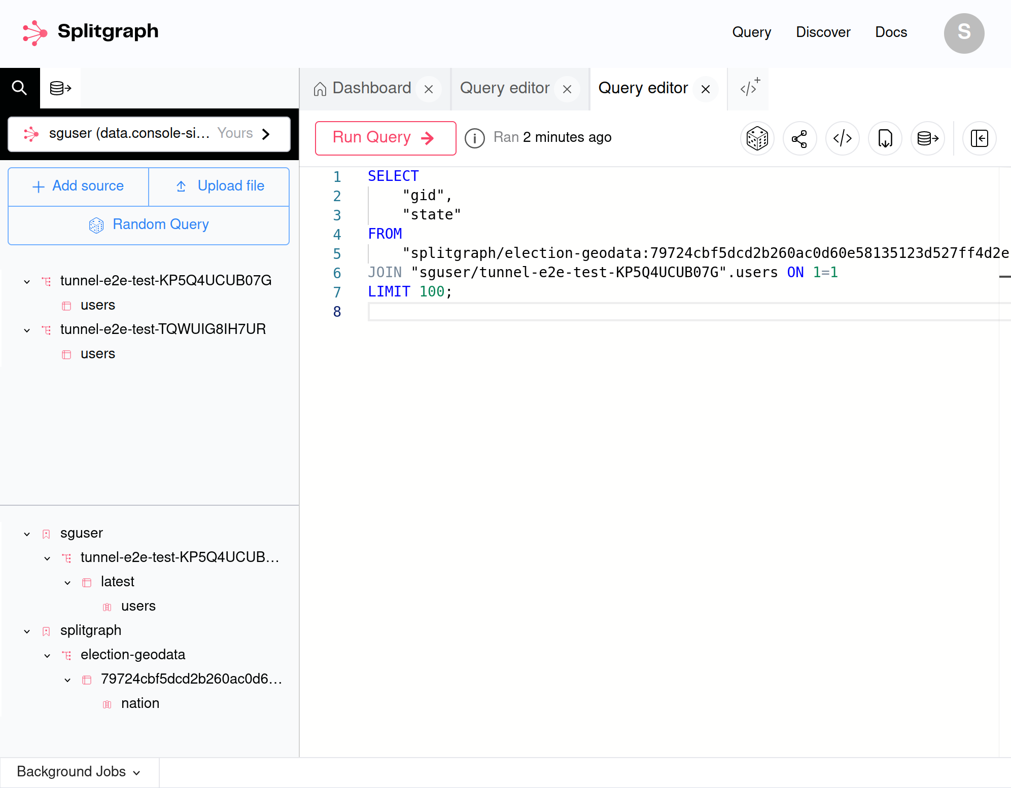 Splitgraph Console query editor with referenced tables shown in the sidebar.