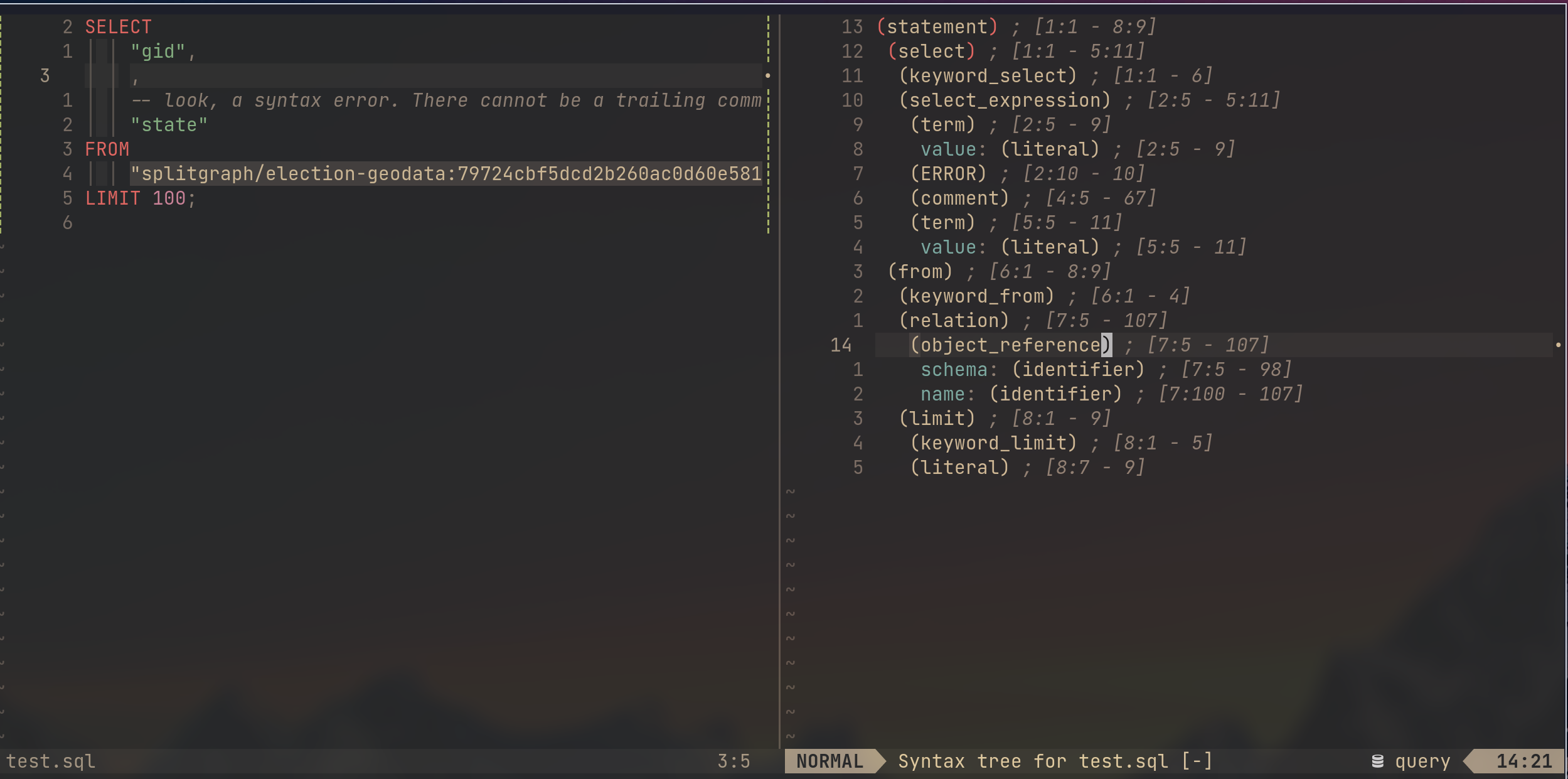 Neovim with the source query in the left window and the parsed AST in the
right window. There is a syntax error in the query, but the parsed AST still contains a `relation`.