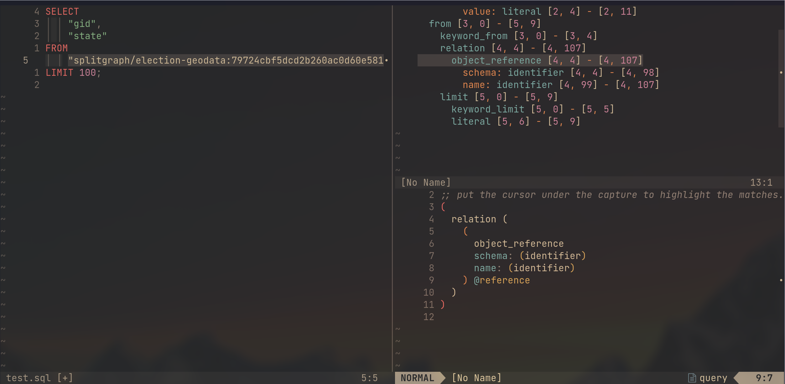 Neovim with the source query in the left window, the parsed AST in the
right-top window, and the tree-sitter query playground in the right-bottom. The matched `relation` AST node and source code is highlighted.