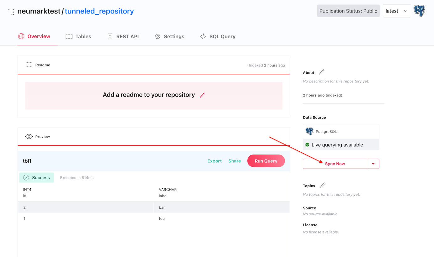 Sync Now on the repository page copies imports the database contents.